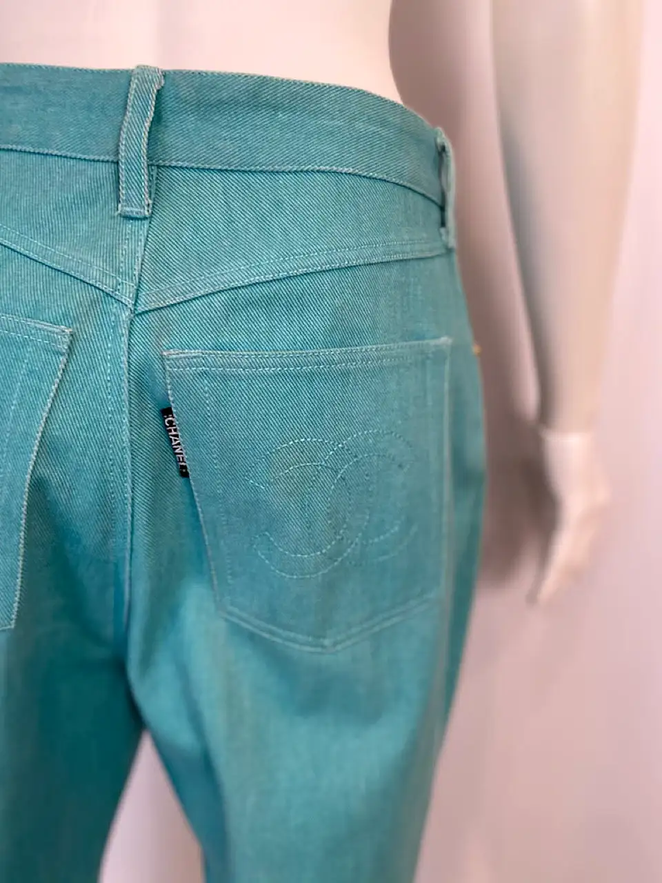 92P, 1992 Spring Chanel Green Denim 2 piece Jacket Pant Suit Oversized FR 34 US 4/6/8