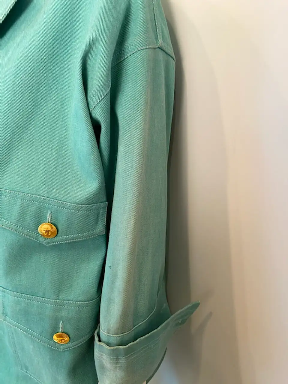 92P, 1992 Spring Chanel Green Denim 2 piece Jacket Pant Suit Oversized FR 34 US 4/6/8