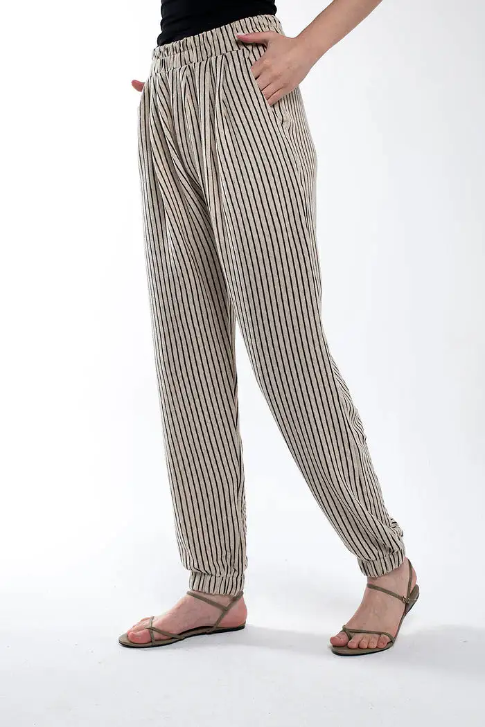 Bee And Alpaca Striped Linen Pants With Elastic Legs