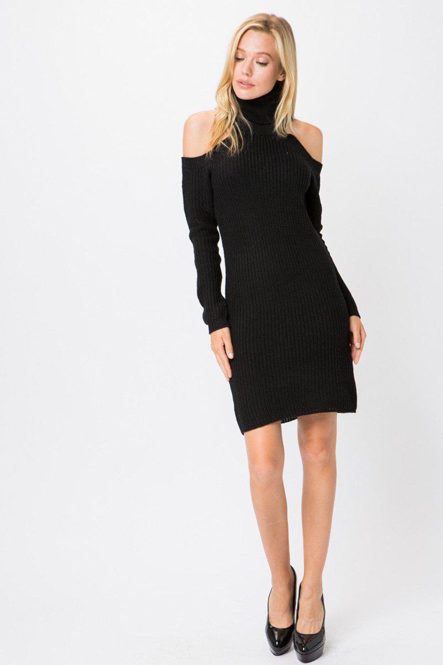 Black Ribbed Knit Turtleneck Long Sleeve Sweater Dress