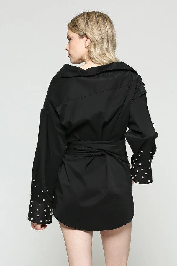 Black Wrap Tie Blouse Top with Pearl Cuffs