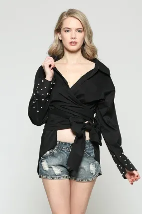 Black Wrap Tie Blouse Top with Pearl Cuffs