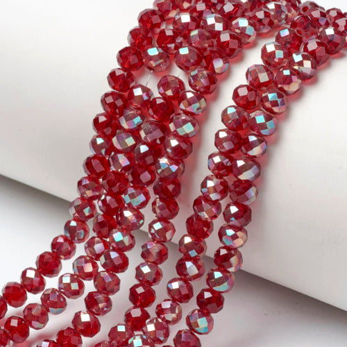 Crystal Glass Beads, Electroplated, Rondelle, Faceted, Half Coat, Dark Red, AB, 4mm