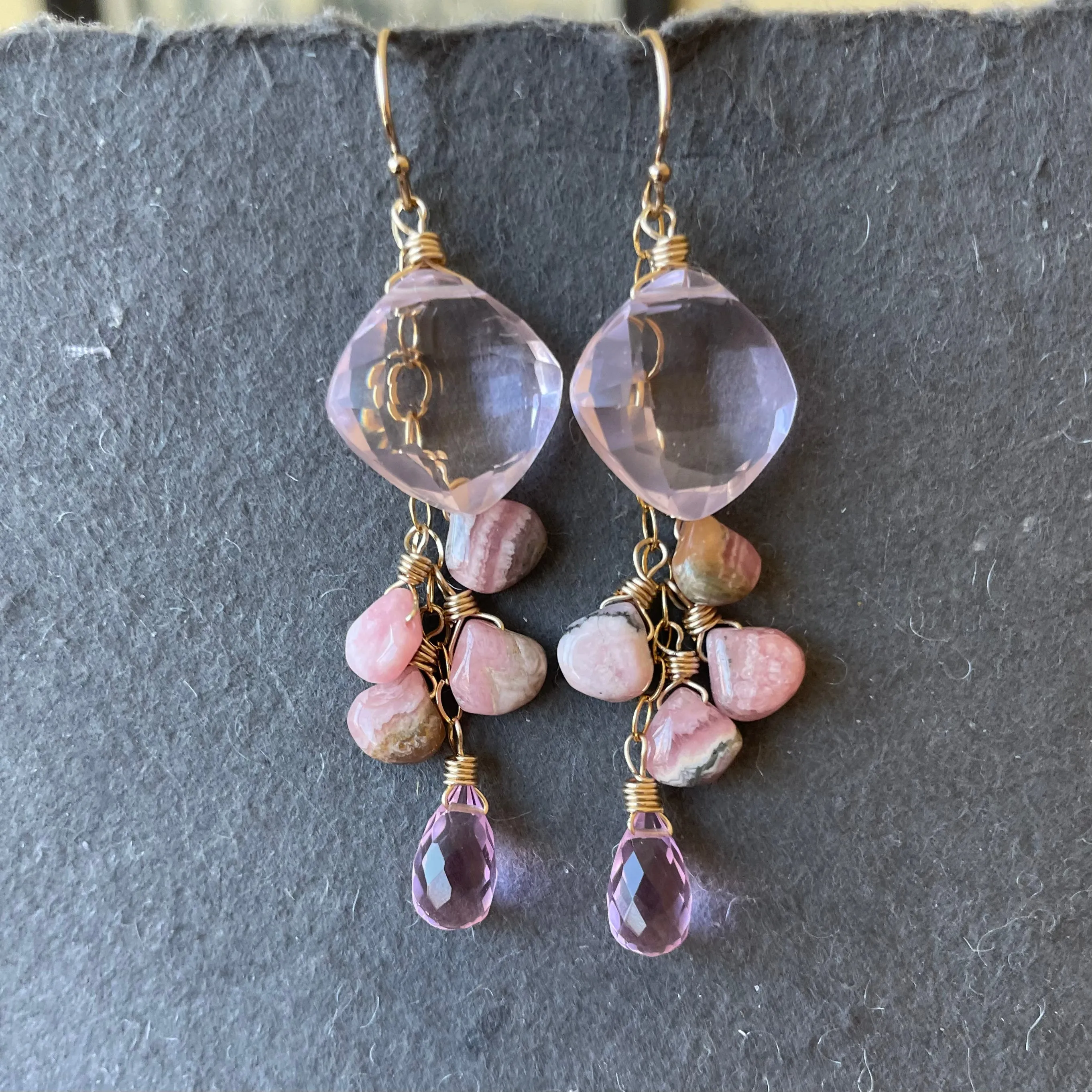 Cushion Cut Rhodocrosite Cascade Earrings