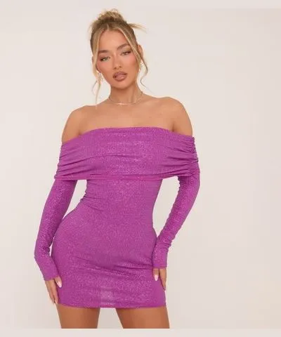 EGO Bardot Long Sleeve Mini Bodycon Dress In Purple Glitter