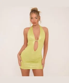 EGO Plunge Neck Keyhole Cut Out Mini Bodycon Dress In Lime Green Glitter