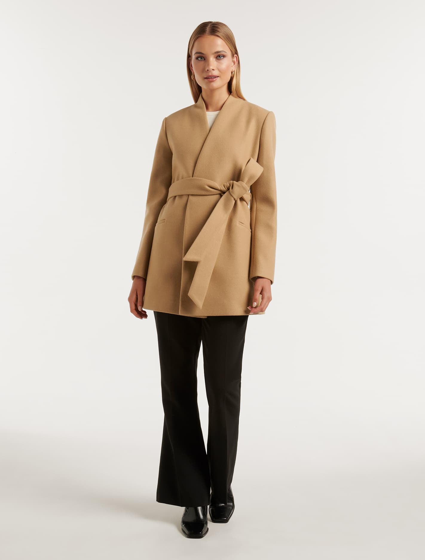 Faye Belted Collarless Coat