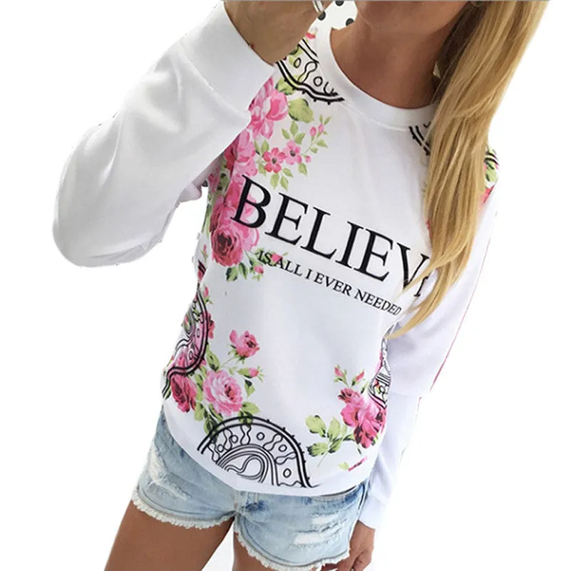 Floral Print Sweatshirt Women Hoodies Long Sleeve Loose Blouse Sudaderas mujer Pink White sudadera Feida