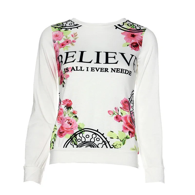 Floral Print Sweatshirt Women Hoodies Long Sleeve Loose Blouse Sudaderas mujer Pink White sudadera Feida