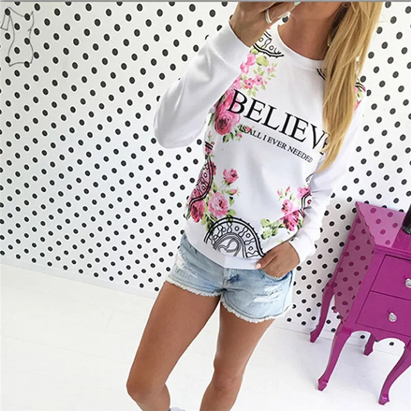 Floral Print Sweatshirt Women Hoodies Long Sleeve Loose Blouse Sudaderas mujer Pink White sudadera Feida