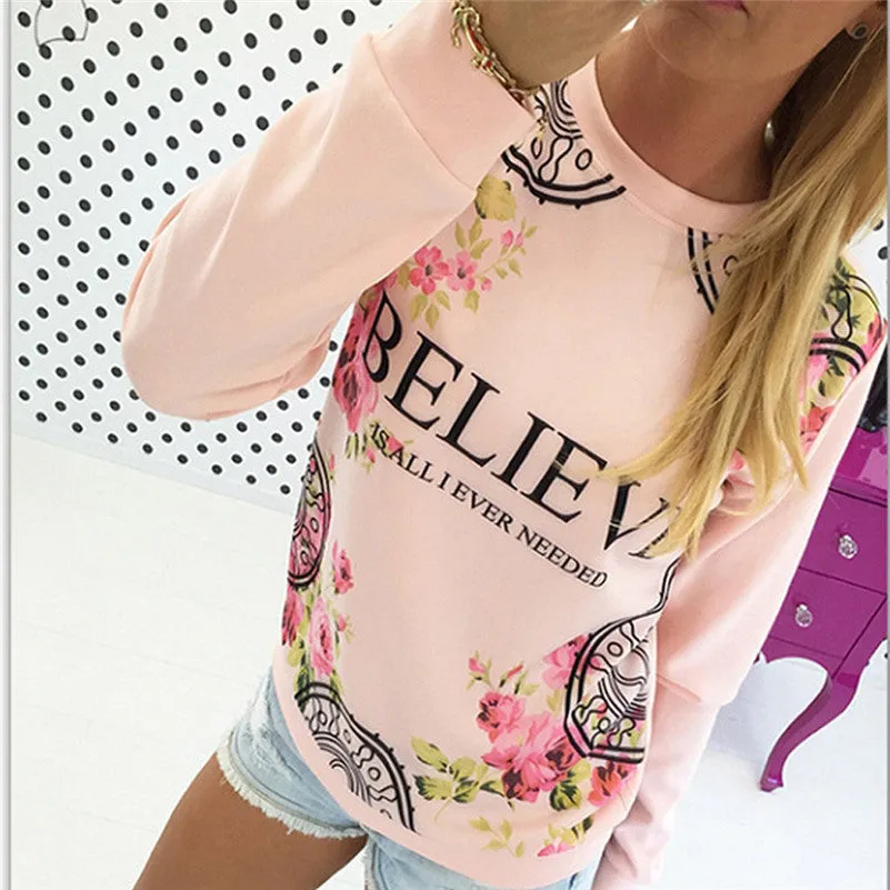 Floral Print Sweatshirt Women Hoodies Long Sleeve Loose Blouse Sudaderas mujer Pink White sudadera Feida