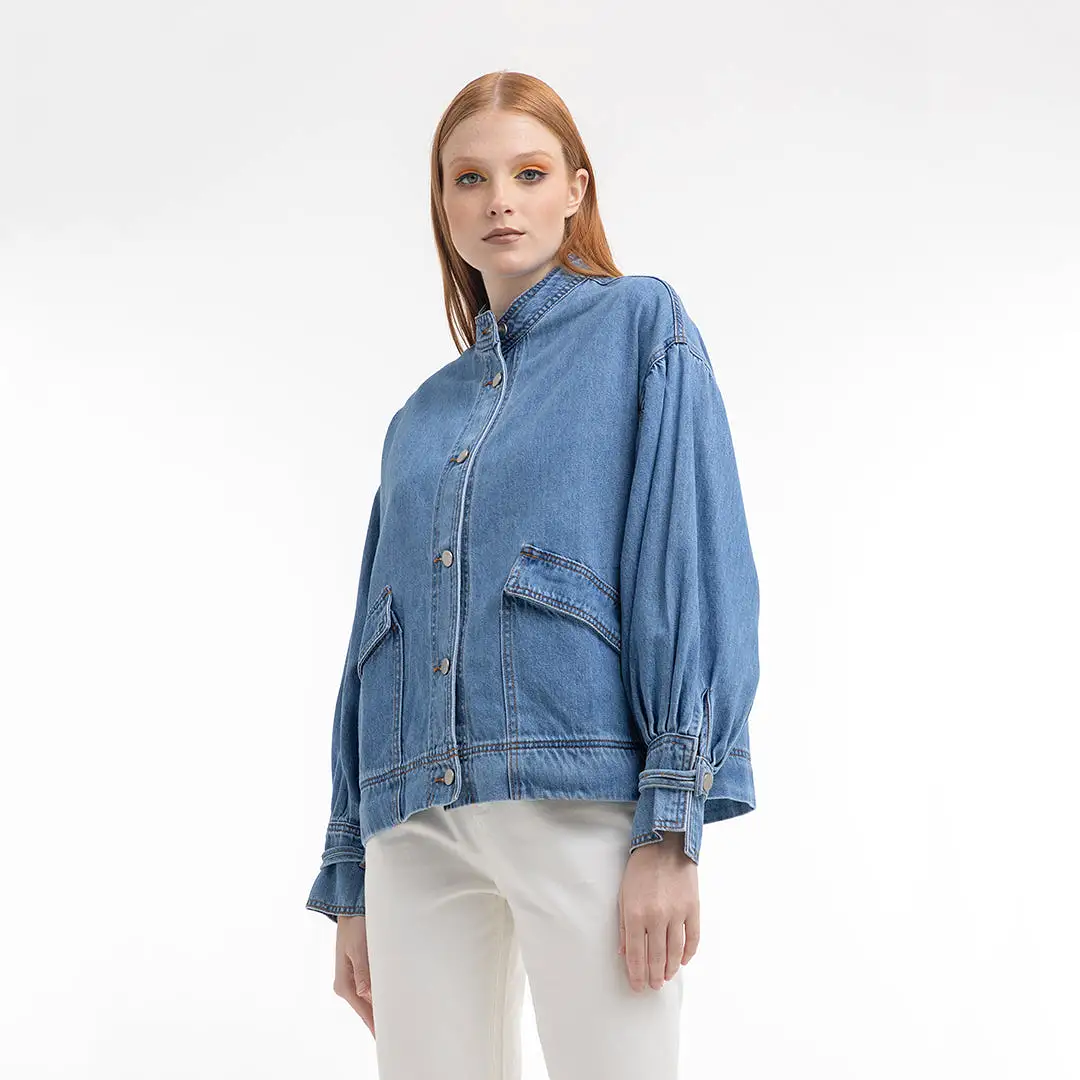 Front Pockets Denim Textured Outer Jacket