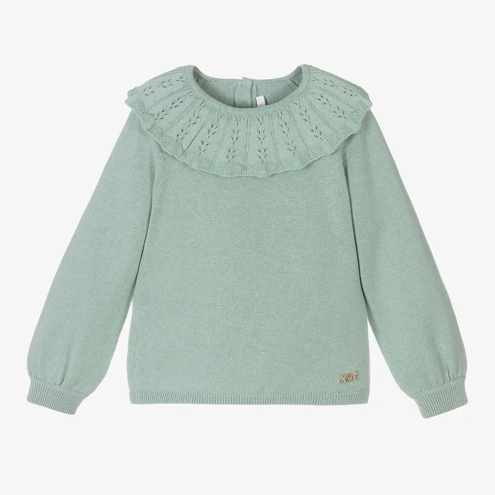 Girls Green Cotton Knit Sweater