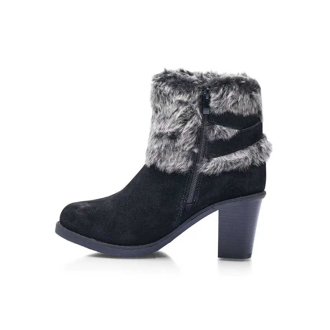 Liberty22 Wide Fit Women's Faux Fur Trim & Buckle Detail Suede Inside Zip Fastening Heeled Ankle Boot