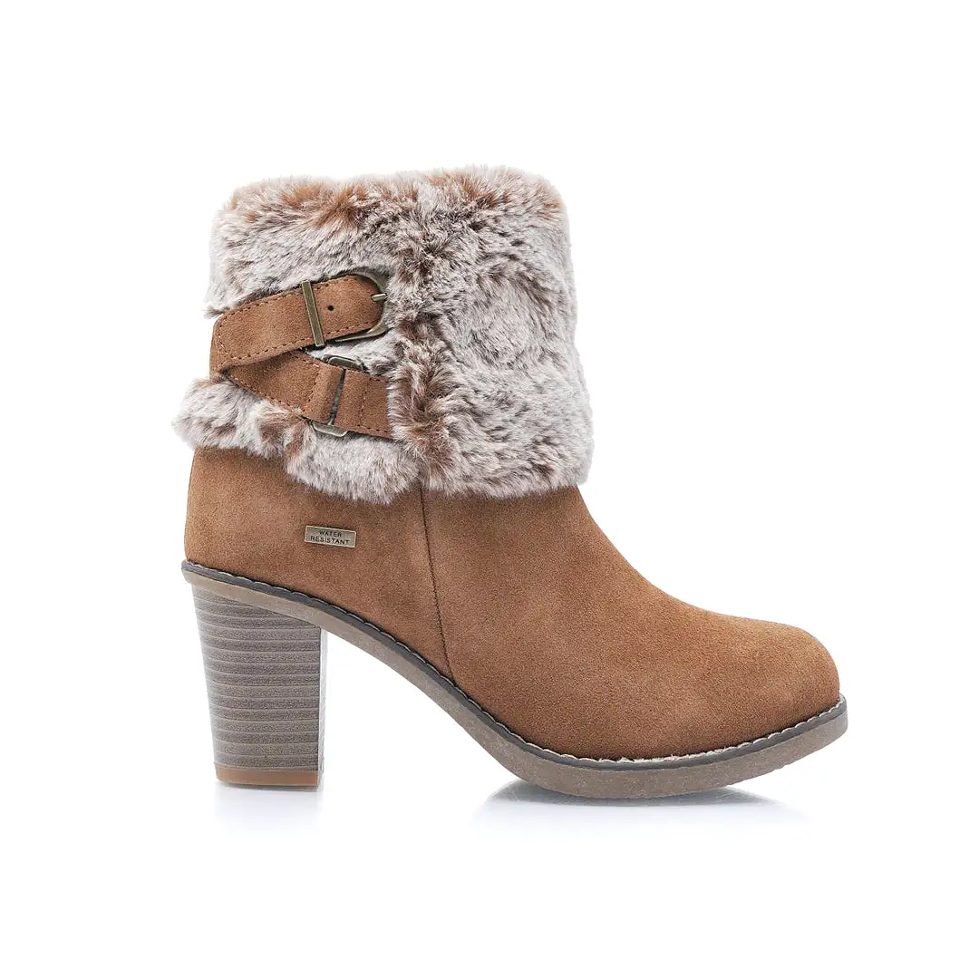 Liberty22 Wide Fit Women's Faux Fur Trim & Buckle Detail Suede Inside Zip Fastening Heeled Ankle Boot