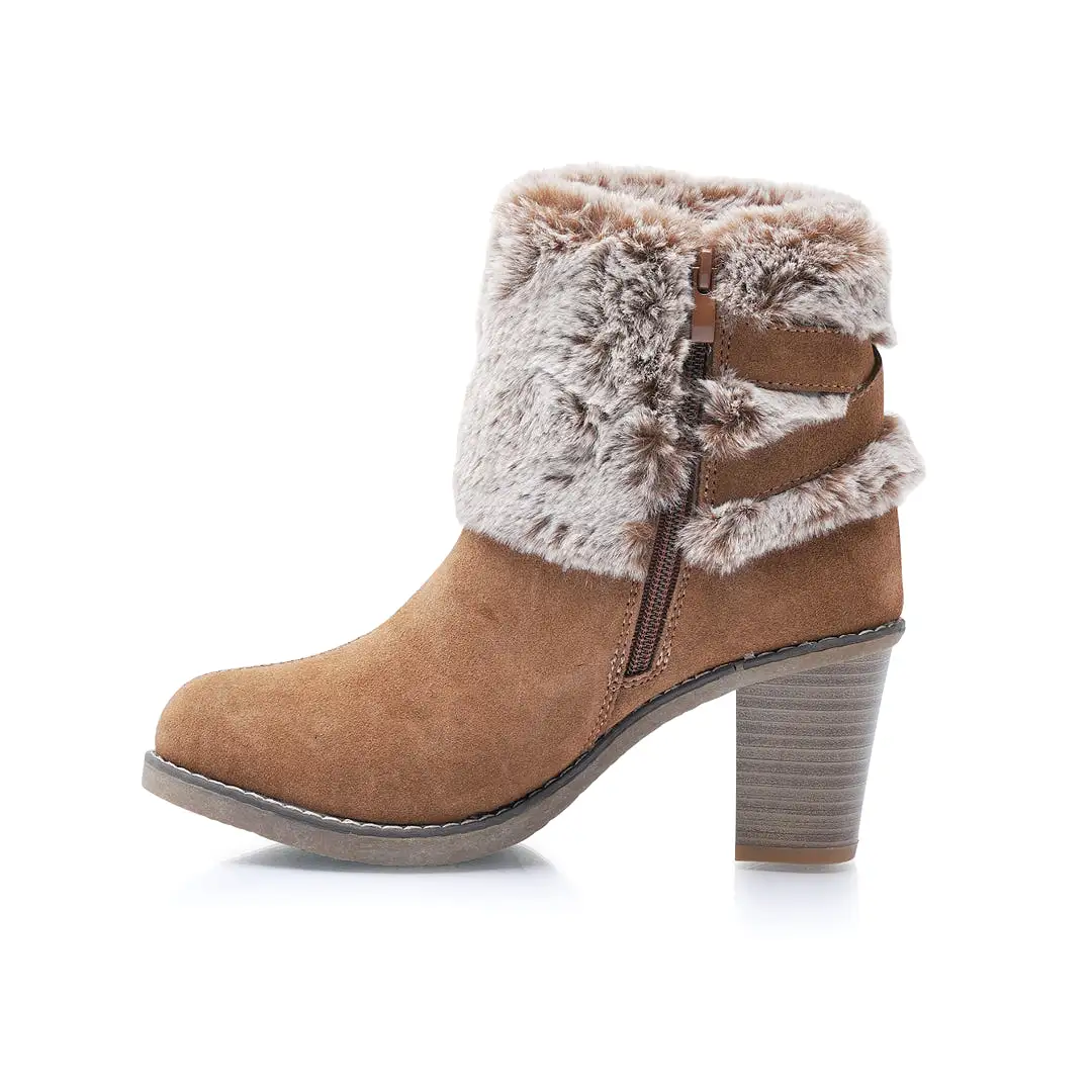 Liberty22 Wide Fit Women's Faux Fur Trim & Buckle Detail Suede Inside Zip Fastening Heeled Ankle Boot