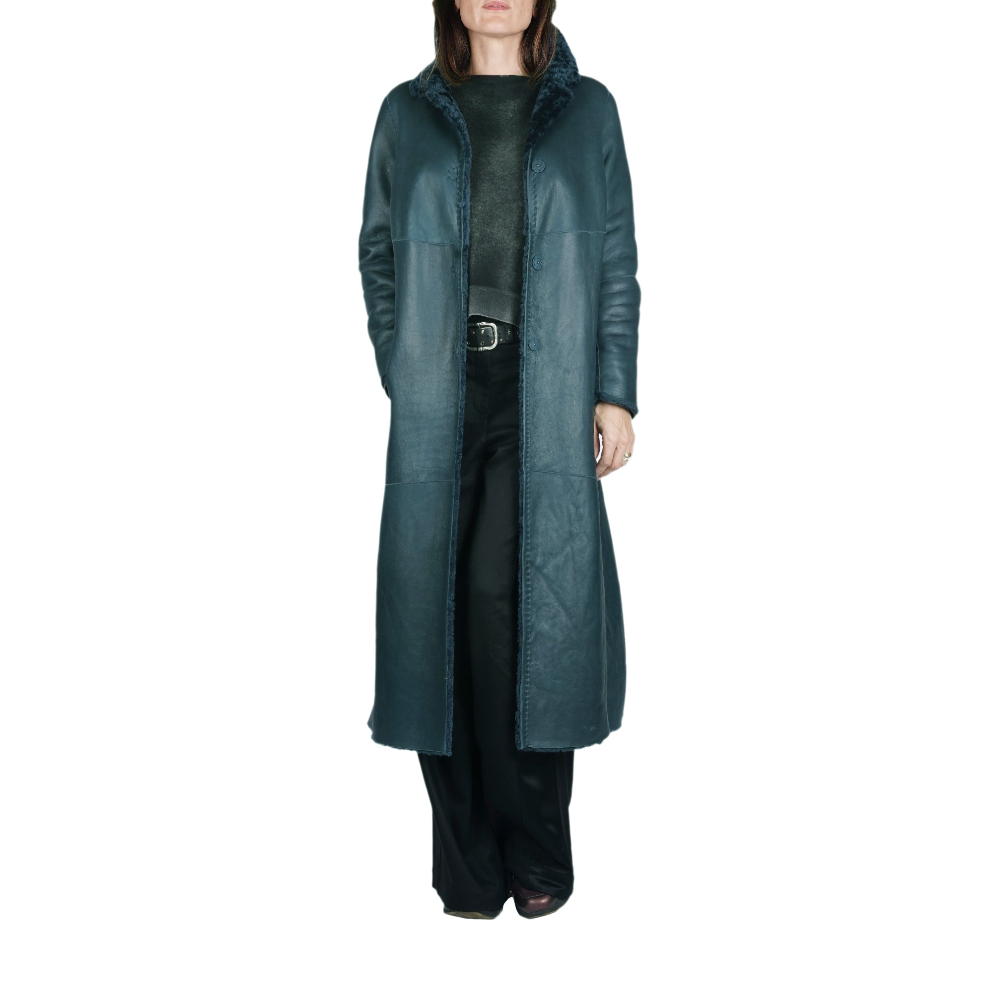 Long Reversible Shearling Coat Teal