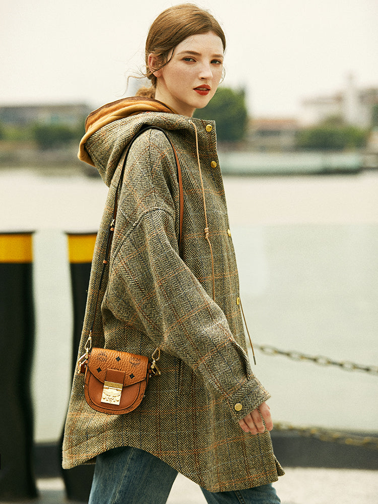 Luxury Heavy wool plaid coat women's loose silhouette hooded coat