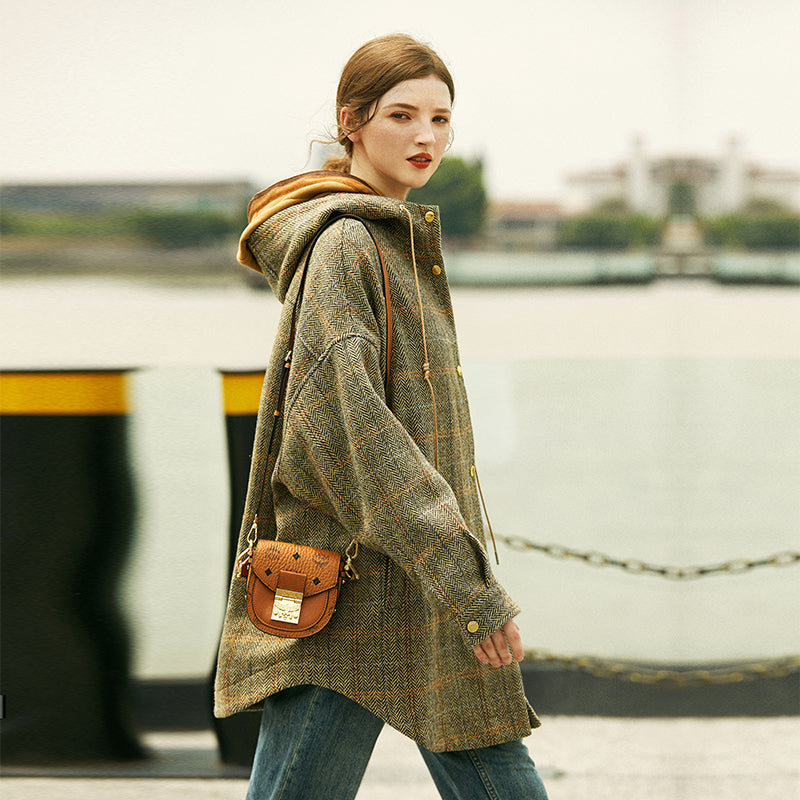 Luxury Heavy wool plaid coat women's loose silhouette hooded coat