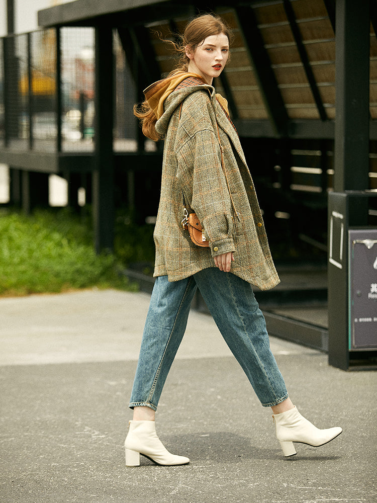 Luxury Heavy wool plaid coat women's loose silhouette hooded coat