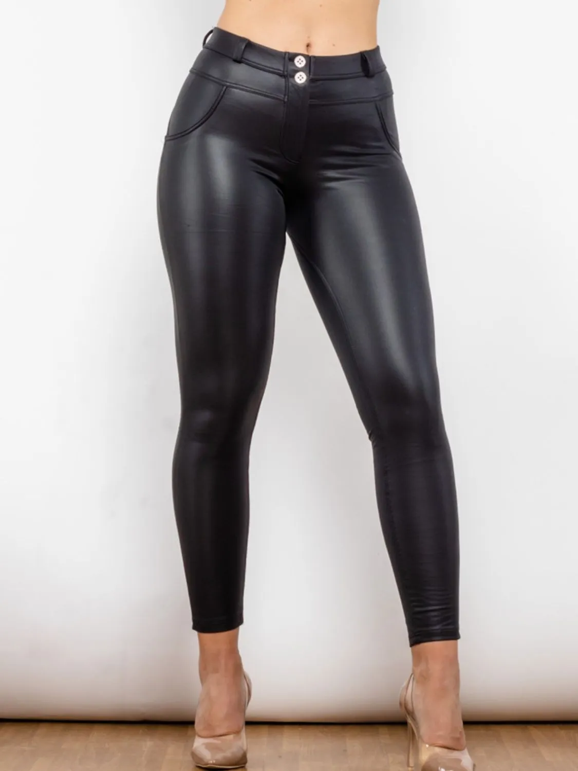 Matte PU Leather Buttoned Long Pants