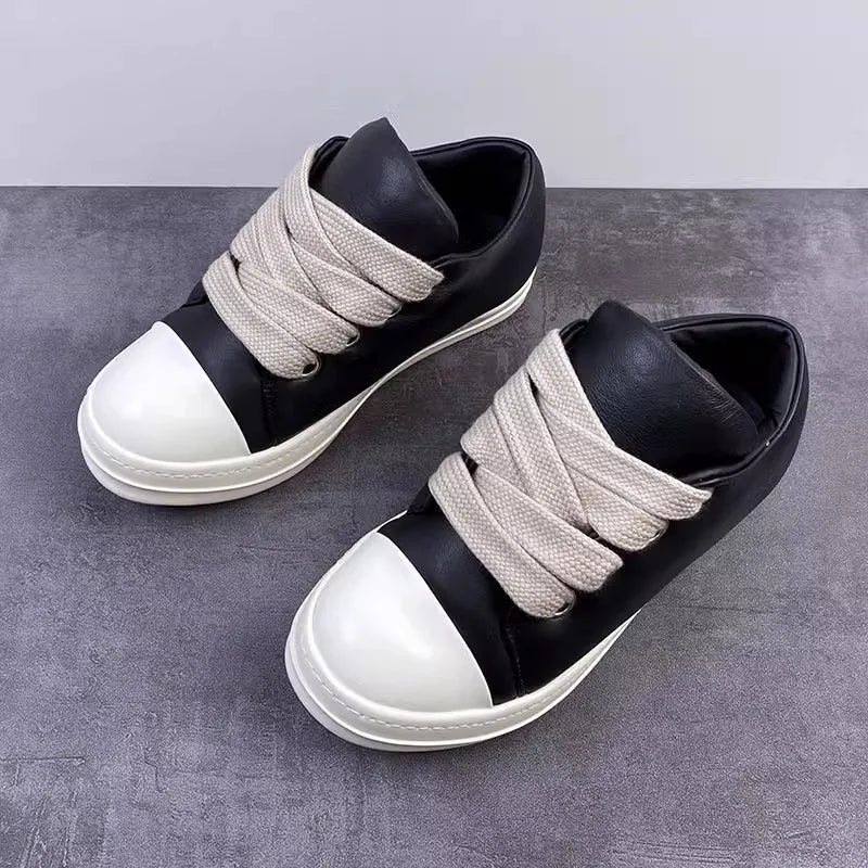 Men and Women Black Low Top Genuine Leather Thick Lace Up Ankle Boots