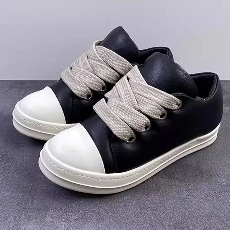 Men and Women Black Low Top Genuine Leather Thick Lace Up Ankle Boots