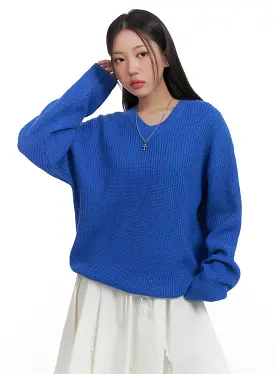 Oversized V-Neck Waffle Knit Sweater OA415