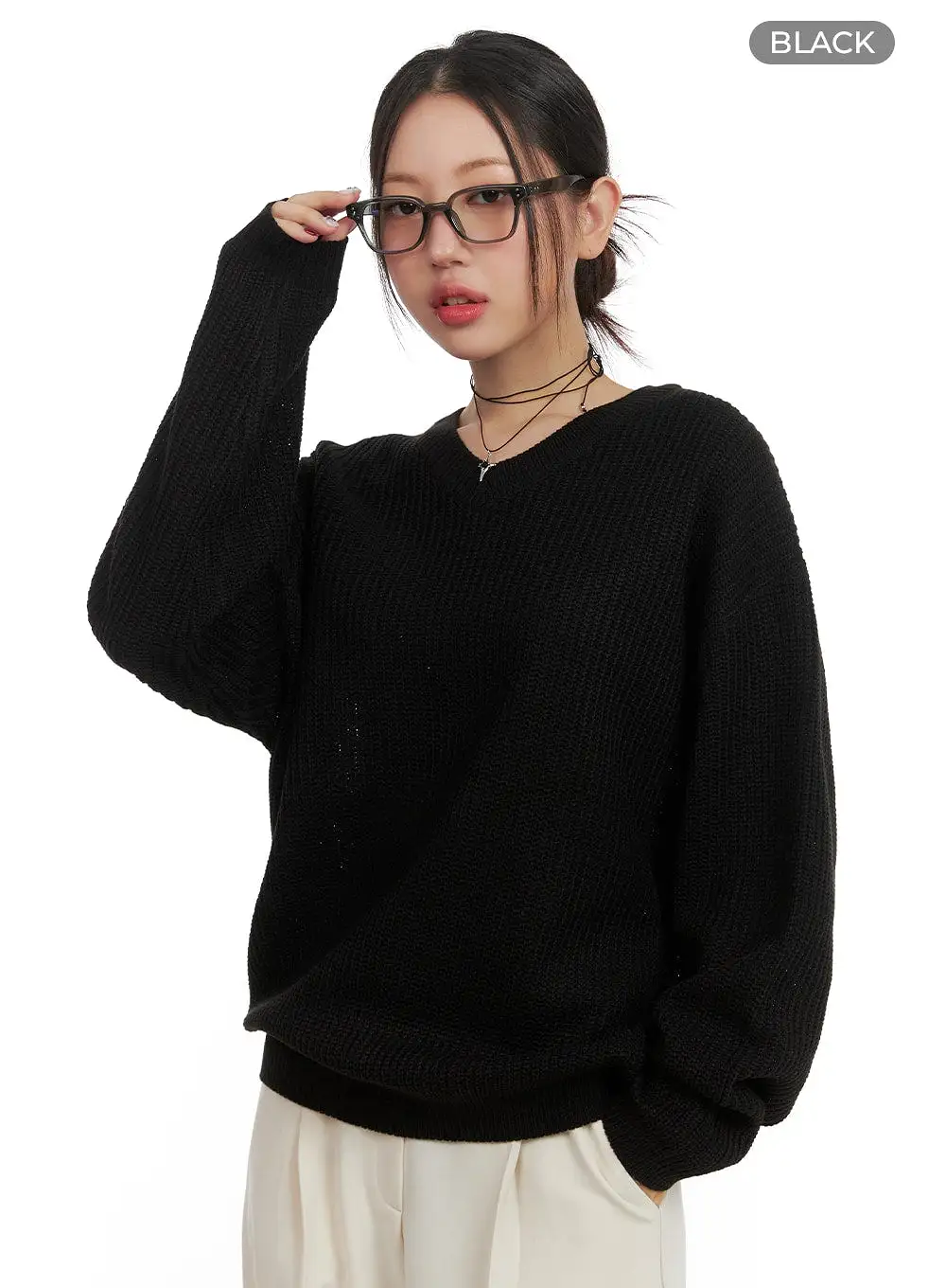 Oversized V-Neck Waffle Knit Sweater OA415