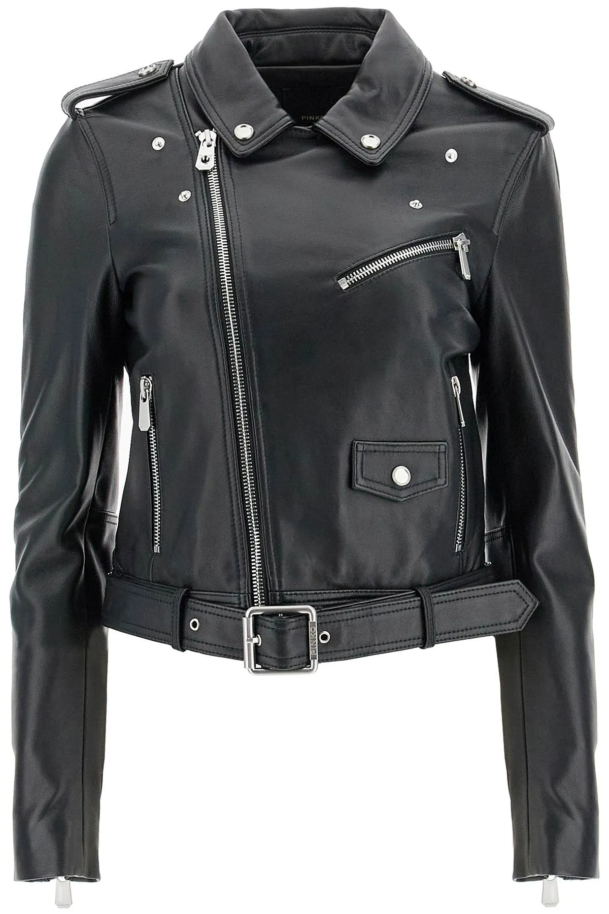 Pinko Nappa Leather Biker Jacket   Black