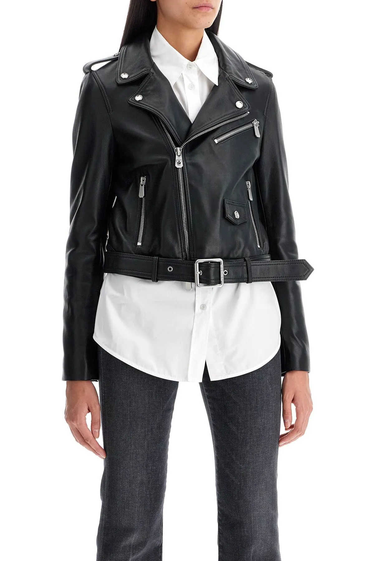 Pinko Nappa Leather Biker Jacket   Black