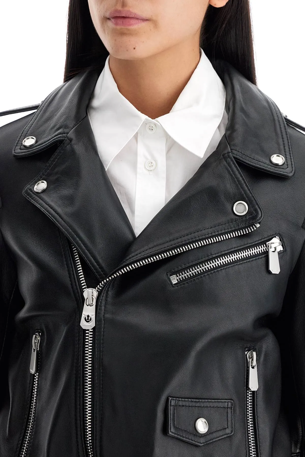 Pinko Nappa Leather Biker Jacket   Black