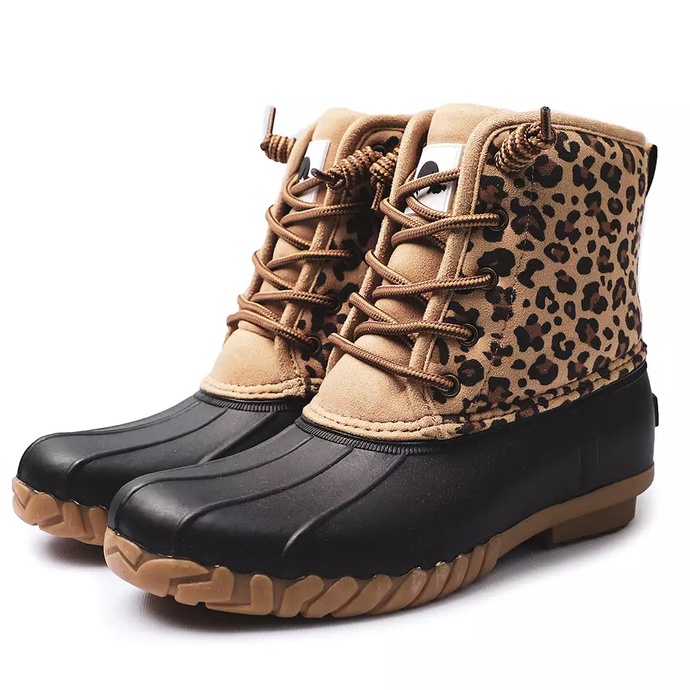 POT IT Womens Duck Boots Slip on Ankle Boots Waterproof Booties Mid Calf Leopard Snow Rain Boots