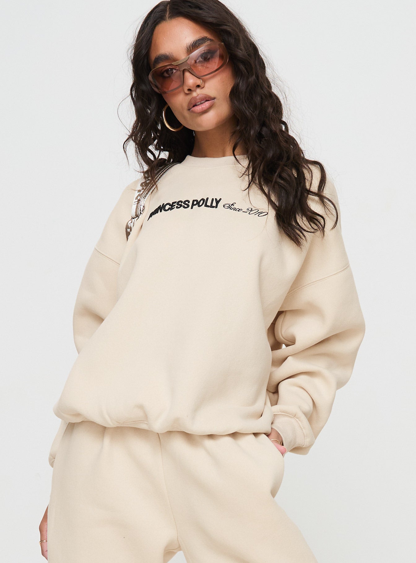 Princess Polly Crew Neck Sweatshirt Block / Cursive Text Stone