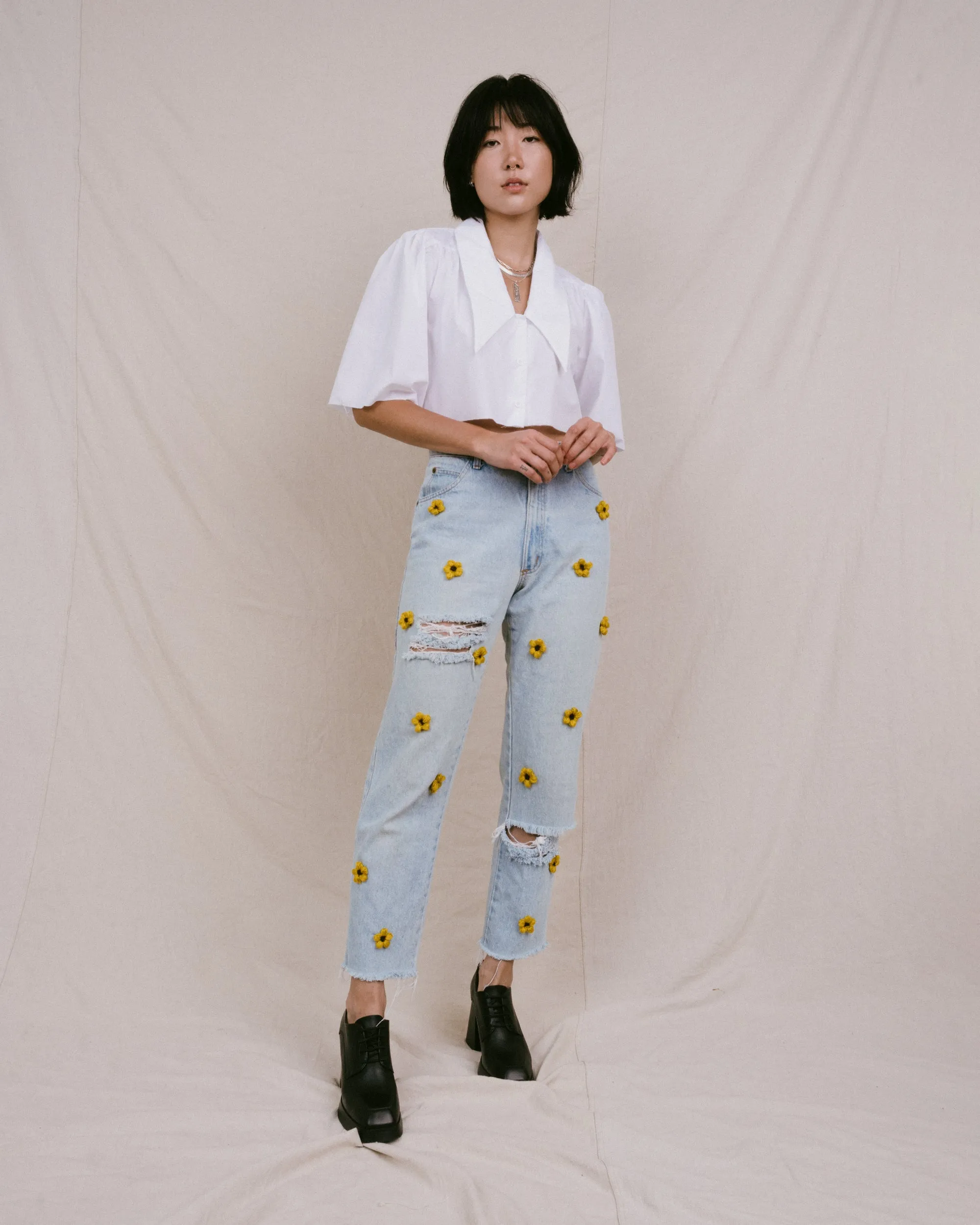 Remade Vintage Flower Denim Pants (S)