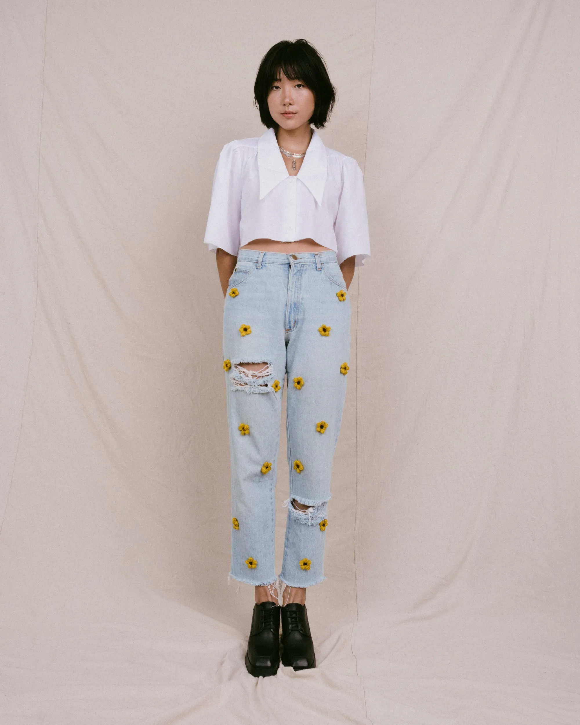 Remade Vintage Flower Denim Pants (S)