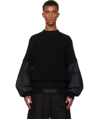 Sacai Black Nylon Twill Knit Sweater