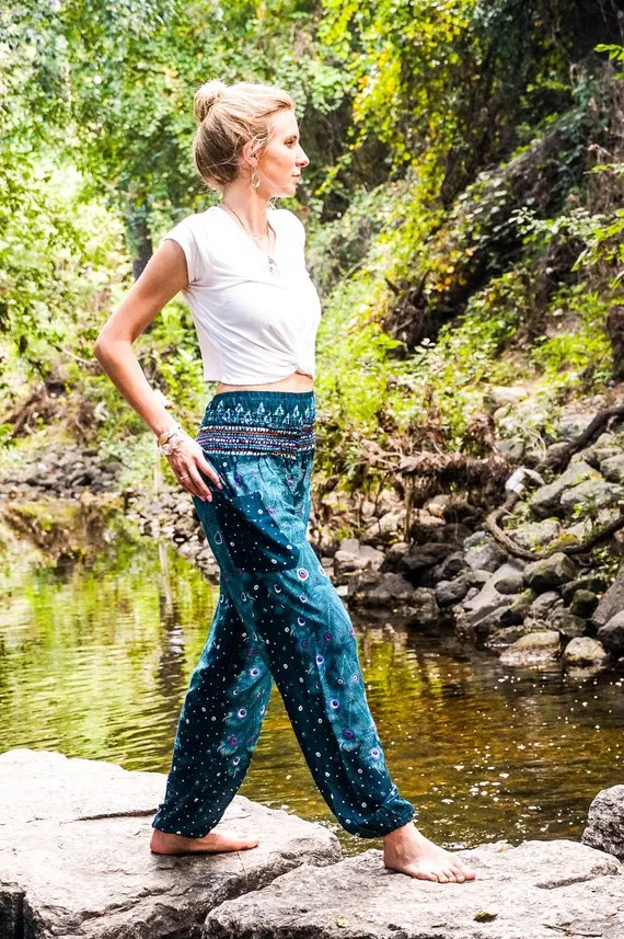 Teal PEACOCK Pants Women Boho Pants Hippie Pants Yoga