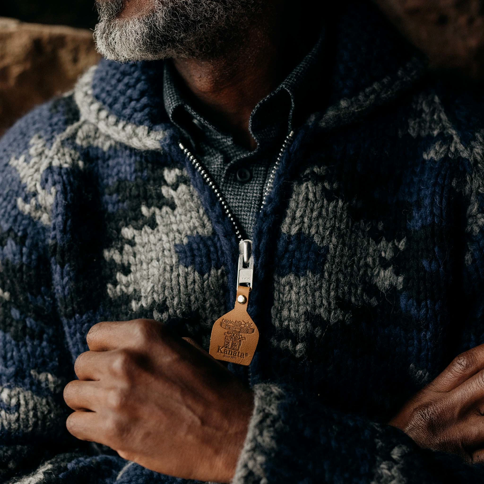 The Seawall Hand-Knit Sweater in Navy Kilim