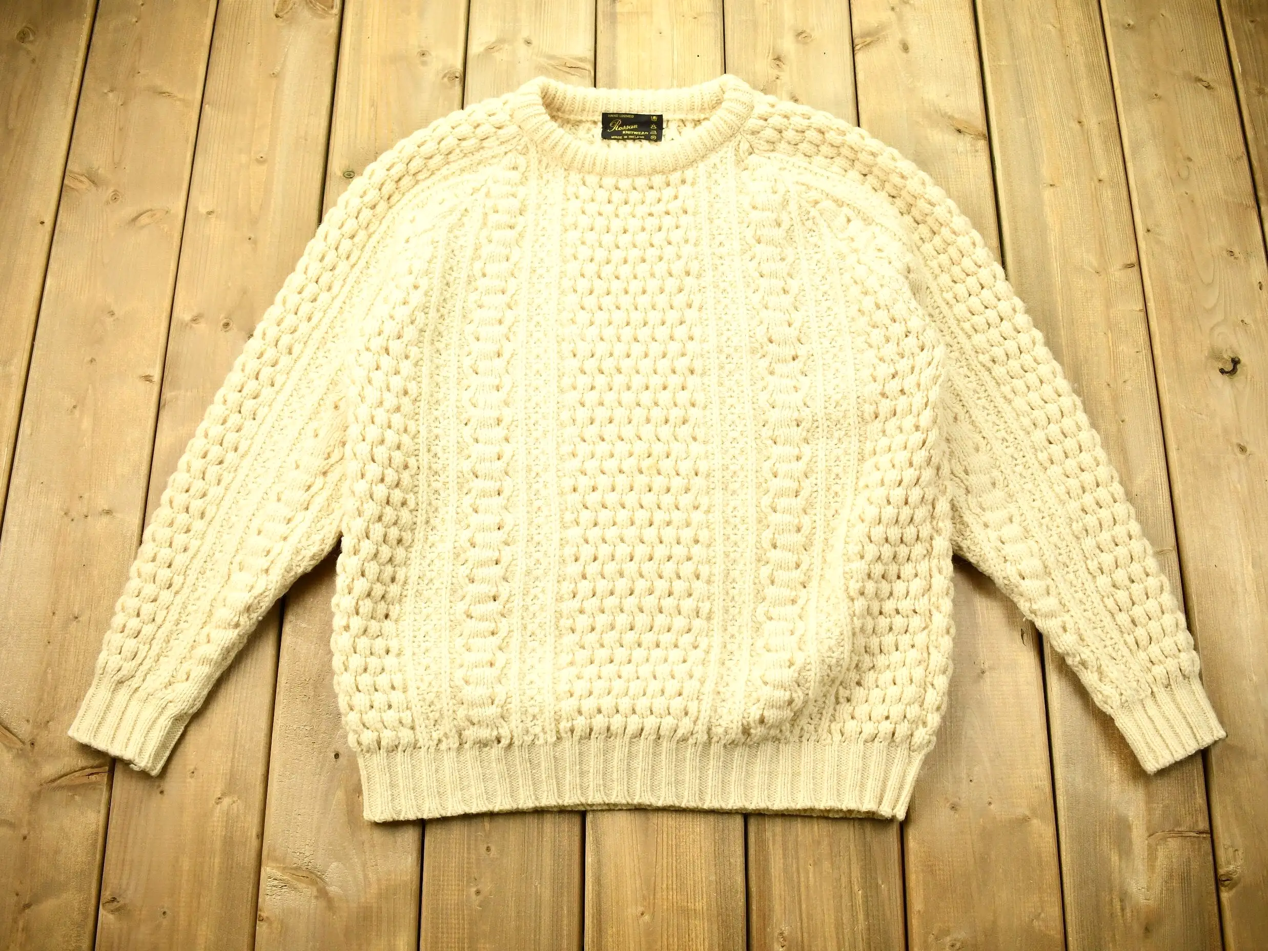 Vintage 1970s Rossan Knitwear 100% Wool 3D Cable Knit Sweater / Made In Ireland / True Vintage / Winter Sweater / Hand Loomed