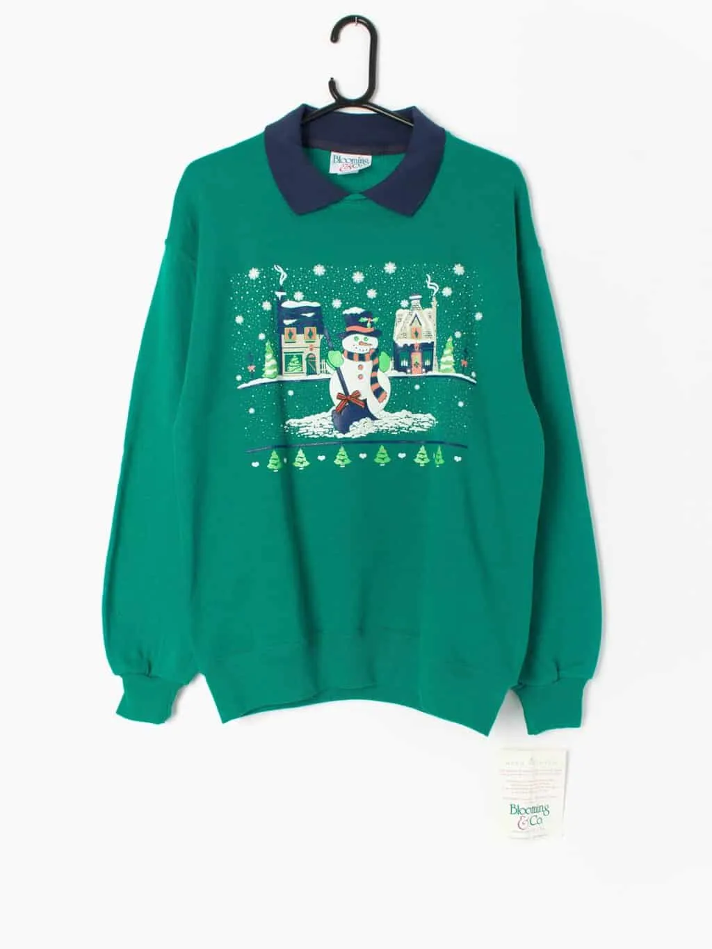 Vintage Christmas novelty sweater green with snowman street scene. Made in USA  – Medium / Large