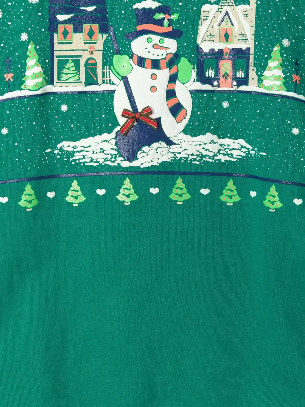 Vintage Christmas novelty sweater green with snowman street scene. Made in USA  – Medium / Large